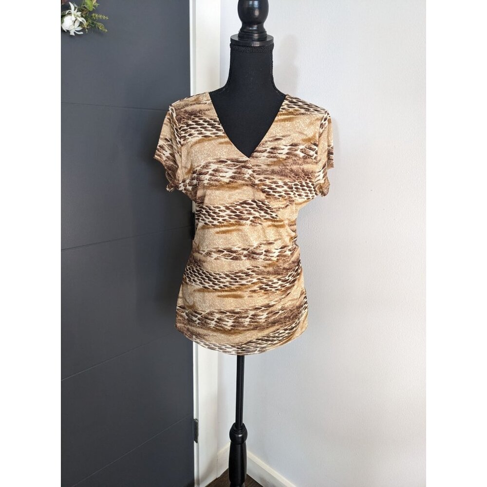 Vintage Susan Lawrence Brown & Beige Patterned V-Neck Short Sleeve Top - XL